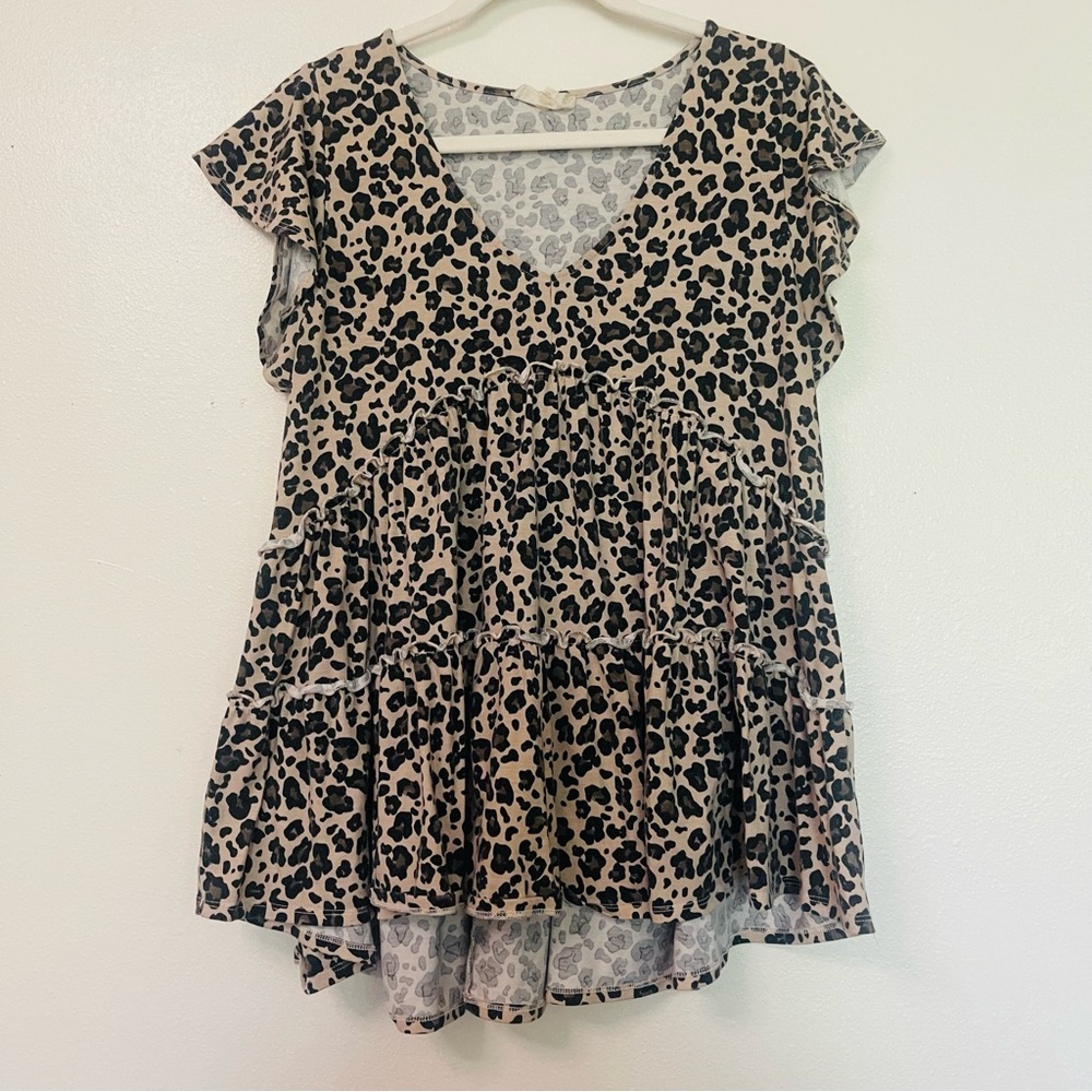 Altar'd State Babydoll Ruffle Leopard Print Hi Lo Shirt Size Medium
